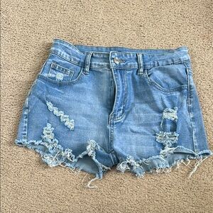 SHEIN Blue High-Waisted Jean Shorts with Distressed Details